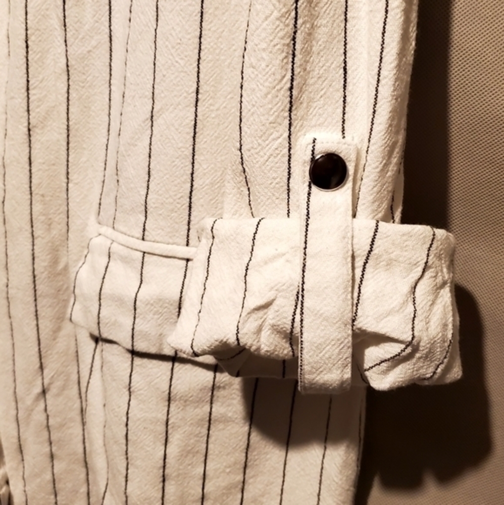 Stelen White Cotton Linen Open Blazer Jacket Roll Tab Sleeves Pinstripe Large - Picture 4 of 9